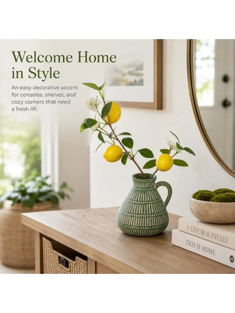 Small Green Clay Vase with Faux Lemon Branch - Charming Lemon Decor Accent